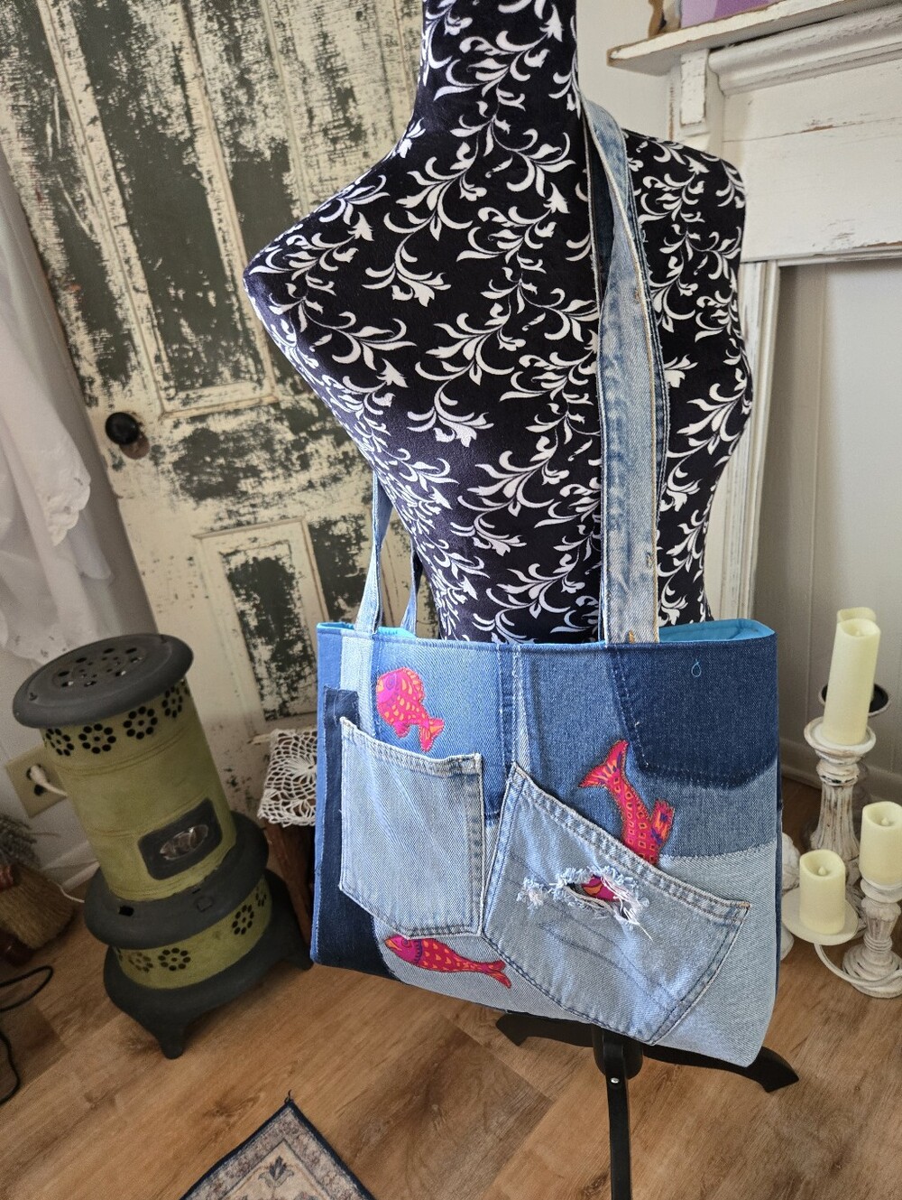 Denim Patchwork Tote Bag with Bright Blue Lining - Picture 7 of 7